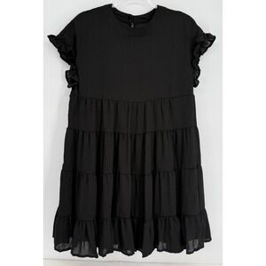 Joteisy Black Tiered Babydoll Mini Dress Ruffle Cap Sleeve Sz S